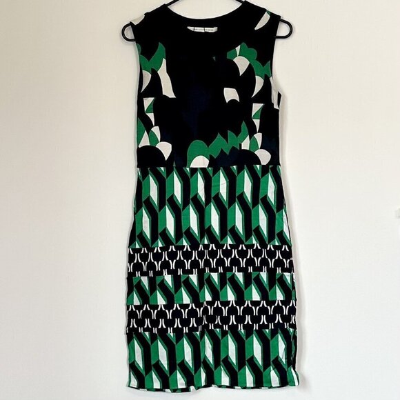 Diane von Furstenberg Sleeveless Geometric Black Green Sheath Dress - S/M - Picture 1 of 4